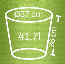 Nákres květináče o průměru 37 centimetrů, výšce 36 centimetrů a objemu 41,71 litrů