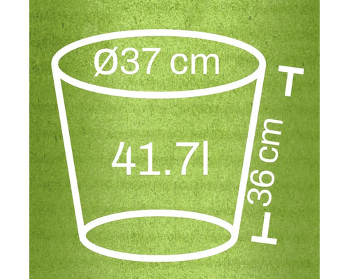 Nákres květináče o průměru 37 centimetrů, výšce 36 centimetrů a objemu 41,71 litrů