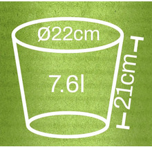 Nákres květináče o průměru 22 cm, výšce 21 cm a objemu 7,6 litru