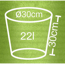 Diagram květináče o rozměrech 30 cm v průměru a 30 cm na výšku, objem 22 litrů