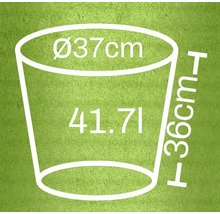 Obrázek květináče s rozměry: průměr 37 cm, výška 36 cm a objem 41,71 litrů.