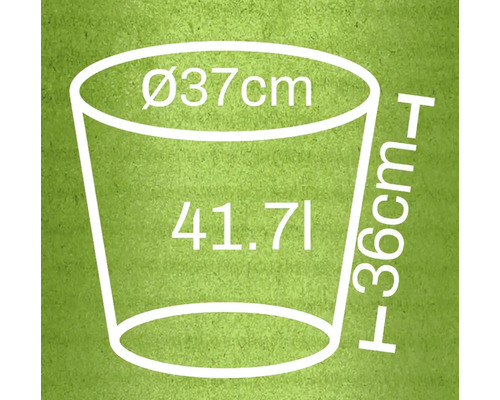 Obrázek květináče s rozměry: průměr 37 cm, výška 36 cm a objem 41,71 litrů.