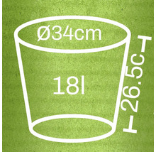 Nákres květináče s rozměry 34 centimetrů v průměru, 26,5 centimetrů na výšku a objemem 18 litrů