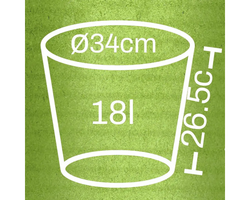 Nákres květináče s rozměry 34 centimetrů v průměru, 26,5 centimetrů na výšku a objemem 18 litrů