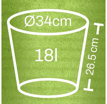 Ilustrace květináče o rozměrech: průměr 34 cm, výška 26,5 cm a objem 18 litrů.