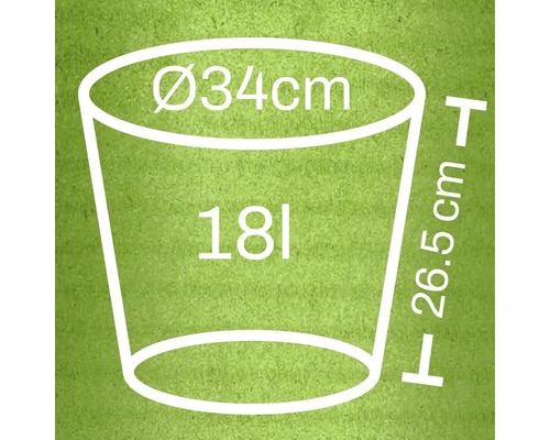 Ilustrace květináče o rozměrech: průměr 34 cm, výška 26,5 cm a objem 18 litrů.