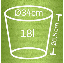 Schéma květináče s rozměry 34 centimetrů v průměru, 26,5 centimetrů na výšku a objemem 18 litrů