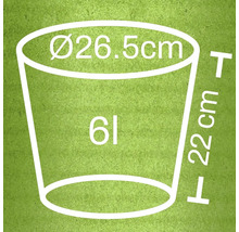 Technický nákres květináče s rozměry 26,5 cm v průměru a 22 cm na výšku a objemem 6 litrů