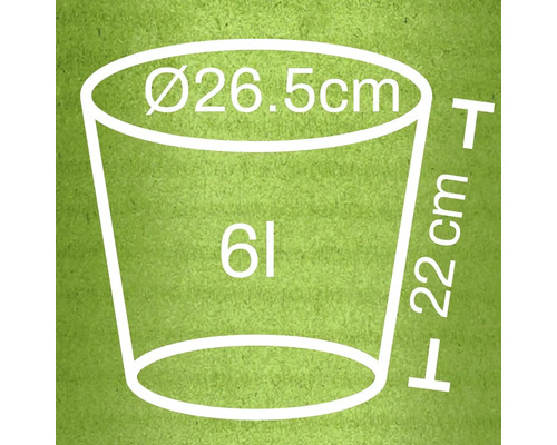 Technický nákres květináče s rozměry 26,5 cm v průměru a 22 cm na výšku a objemem 6 litrů