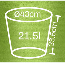 Ilustrace květináče o rozměrech průměr 43 centimetrů, výška 33,5 centimetrů a objem 21,5 litru.