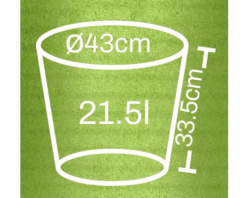 Ilustrace květináče o rozměrech průměr 43 centimetrů, výška 33,5 centimetrů a objem 21,5 litru.