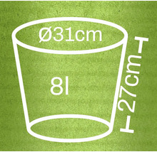 Rozměrový náčrt květináče: průměr 31 cm, výška 27 cm, objem 8 litrů