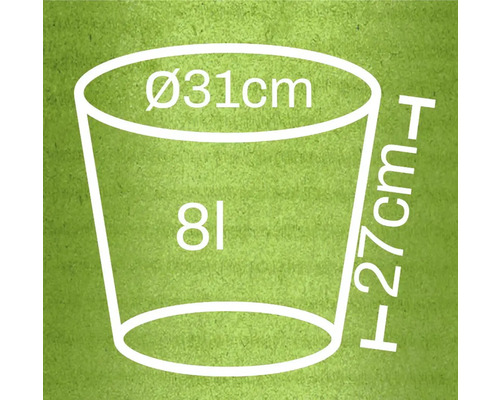Rozměrový náčrt květináče: průměr 31 cm, výška 27 cm, objem 8 litrů