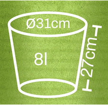Ilustrace květináče s rozměry 31 cm v průměru a 27 cm na výšku, a objemem 8 litrů