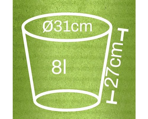 Ilustrace květináče s rozměry 31 cm v průměru a 27 cm na výšku, a objemem 8 litrů