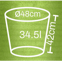 Ilustrace květináče s rozměry průměr 48 cm, výška 42 cm a objem 34,5 litru