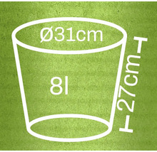 Grafika s rozměry květináče: průměr 31 centimetrů, výška 27 centimetrů, objem 8 litrů
