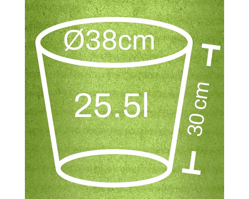 Nákres květináče o průměru 38 cm, výšce 30 cm a objemu 25,51 litru