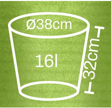 Obrázek květináče s rozměry průměr 38 centimetrů, výška 32 centimetrů a objem 16 litrů