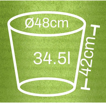 Ilustrace květináče o rozměrech 48 centimetrů v průměru, 42 centimetrů na výšku a 34,5 litru objemu