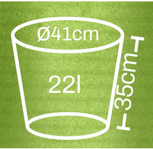 Diagram květináče s rozměry 41 centimetrů v průměru, 35 centimetrů na výšku a objemem 22 litrů