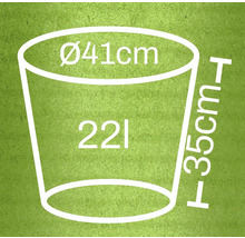 Ilustrace květináče o rozměrech 41 cm v průměru, 35 cm na výšku a 22 litrů objemu