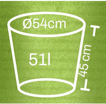 Technický výkres květináče s rozměry průměr 54 centimetrů, výška 45 centimetrů a objem 51 litrů