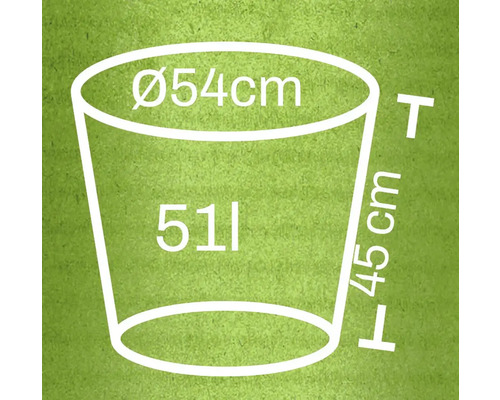 Technický výkres květináče s rozměry průměr 54 centimetrů, výška 45 centimetrů a objem 51 litrů