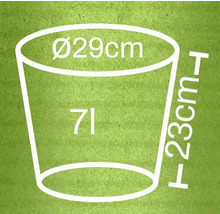 Nákres květináče s rozměry 29 cm v průměru, 23 cm na výšku a objemem 7 litrů