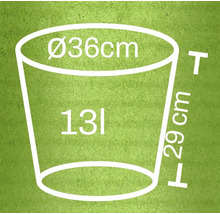 Nákres květináče s rozměry: průměr 36 cm, výška 29 cm, objem 13 litrů