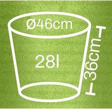 Ilustrace květináče s rozměry 46 centimetrů v průměru a 36 centimetrů na výšku, a objemem 28 litrů