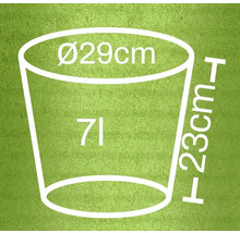 Nákres kbelíku s rozměry 29 cm v průměru, 23 cm na výšku a objemem 7 litrů