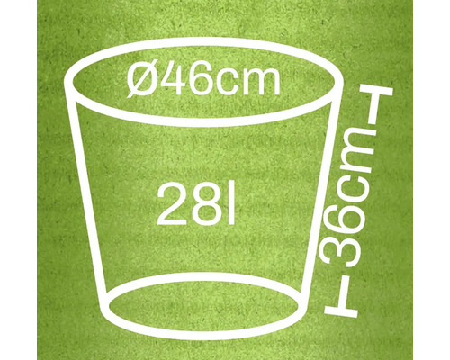 Technický nákres kbelíku o rozměrech průměr 46 cm, výška 36 cm a objem 28 litrů.