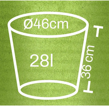 Diagram květináče s rozměry průměr 46 cm, výška 36 cm a objem 28 litrů