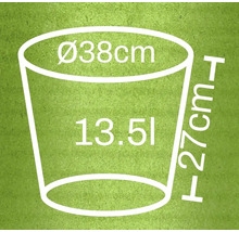 Rozměry květináče: průměr 38 cm, výška 27 cm, objem 13,5 litru