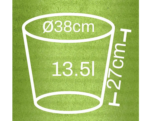 Rozměry květináče: průměr 38 cm, výška 27 cm, objem 13,5 litru