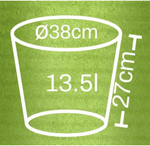 Obrázek rozměrů květináče: průměr 38 centimetrů, výška 27 centimetrů a objem 13,5 litru