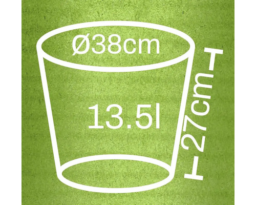 Obrázek rozměrů květináče: průměr 38 centimetrů, výška 27 centimetrů a objem 13,5 litru