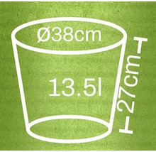 Technický nákres květináče s rozměry průměr 38 cm, výška 27 cm a objem 13,5 litru