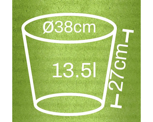 Technický nákres květináče s rozměry průměr 38 cm, výška 27 cm a objem 13,5 litru