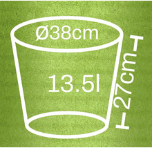 Ilustrace květináče o průměru 38 cm, výšce 27 cm a objemu 13,5 litru