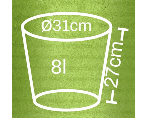 Obrázek s rozměry: průměr 31 centimetrů, výška 27 centimetrů, objem 8 litrů