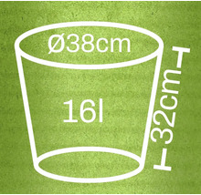 Obrázek květináče o rozměrech průměr 38 cm, výška 32 cm a objem 16 litrů