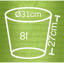 Nákres květináče o rozměrech 31 centimetrů v průměru a 27 centimetrů na výšku, objem osm litrů