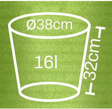 Schematický nákres květináče o rozměrech 38 centimetrů v průměru, 32 centimetrů na výšku a 16 litrů objemu