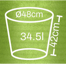 Nákres květináče s rozměry 48 centimetrů v průměru, 42 centimetrů na výšku a 34,51 litrů objemu