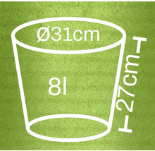 Nákres květináče o rozměrech průměr 31 centimetrů, výška 27 centimetrů a objem 8 litrů