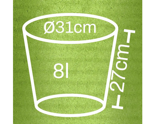 Nákres květináče o rozměrech průměr 31 centimetrů, výška 27 centimetrů a objem 8 litrů