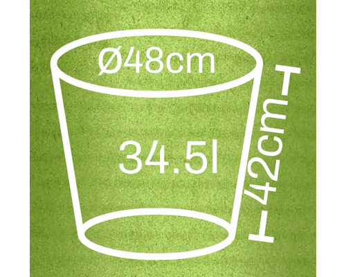 Ilustrace květináče o rozměrech průměr 48 cm, výška 42 cm a objem 34,51 litru