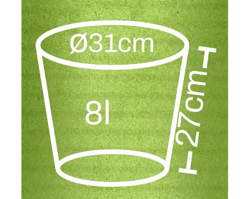 Ilustrace květináče o rozměrech 31 centimetrů v průměru, 27 centimetrů na výšku a objemu 8 litrů.